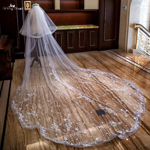 LZP303 Star Applique Elastic Edge Wedding Veil Two Layer Cathedral Wedding Veil 4 Meters Long And 3 Meters Wide Bridal Veil