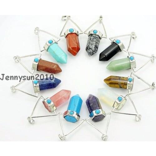 Natural Gems Stone Reiki Chakra Pointed Healing Pendant Charm Beads Silver Plated Healing Jewelry Design 10Pcs/Pack