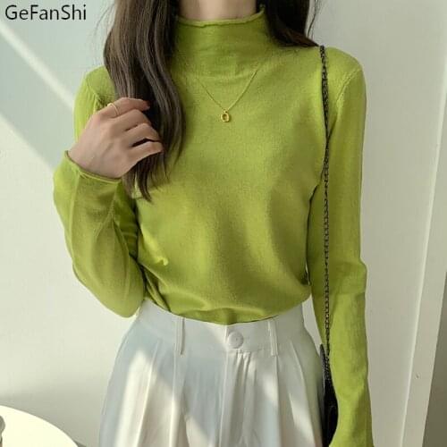 2021 New Autumn Winter Slim Half Turtleneck Solid Slim Knitting Top Sweater Womens Clothing Sexy Bastic Slim Sweater Girl Black