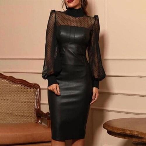 Autumn Evening Retro Clothes Long Sleeve Vintage Faux Leather Sheath Tulle Mesh Dot Knee Dress Sexy Holiday Black Elegant Gowns