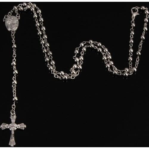 4mm rosary necklace. Stainless steel beads long chain. Mary Center Church icon blessing rose rosary necklace..48pcs