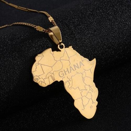 Stainless Steel Africa Map with Ghana Pendant Necklaces for Women Men African Maps Charm Chain Jewellery