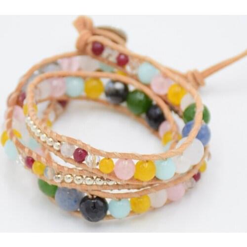 Strand Bracelet Unique 3 Wraps Leather Bracelets Wholesale Handmade Bohemian Weaving Mix Stones Bracelet Jewelry Dropshipping