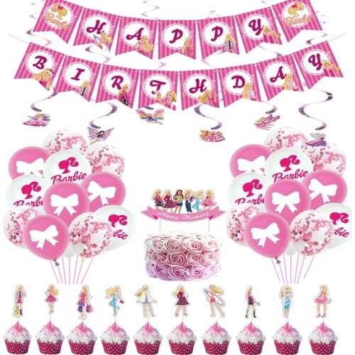 Pink Baby Slim Beauty Doll Theme Princess Birthday Party Decoration Birthday Banner Cupcake Toppers Latex Balloon Girls Favor