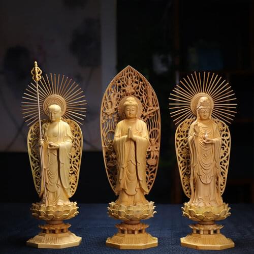 Boxwood 28cm Three Buddha Sculpture Shakyamuni Wood Carving Guanyin Ksitigarbha Statue Feng Shui Home Decor
