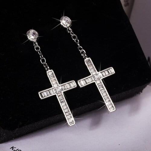 Handmade Long 925 sterling silver Cross Dangle Earring Dimaond Jewelry Statement Party Wedding Drop Earrings for Women men Gift