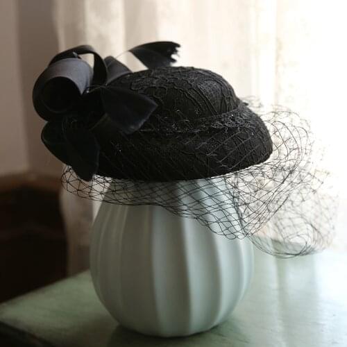 Vintage Blue Black Bow Veil Wedding Hat Women Feather Lace Fascinator Hat Hair Clips Royal Tea Race Show Party Fedora Headdress