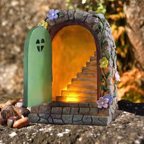 Fairy Door Solar Light LED Elf Steps Stone Door Night Light Secret Magical Fairy Garden Ornament Outdoor Figurine