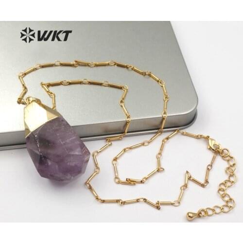 WT-N1146 Faceted Amethysts Necklace Raw Crystal Gold Capped Pendant Natural Purple Stone Jewelry Women Boho Nekclace