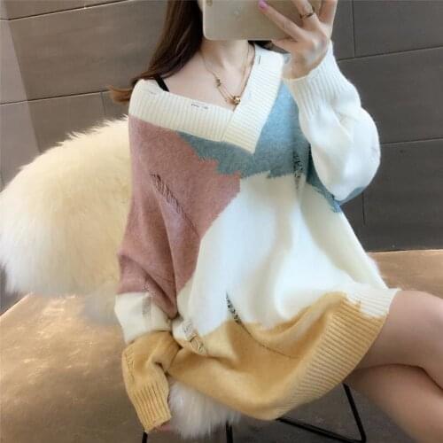 Net Red V-neck Hole Mid-length Knitted Sweater Women Autumn Korean Fashion Sueters De Mujer Loose Long Sleeve Top Pull Pullovers
