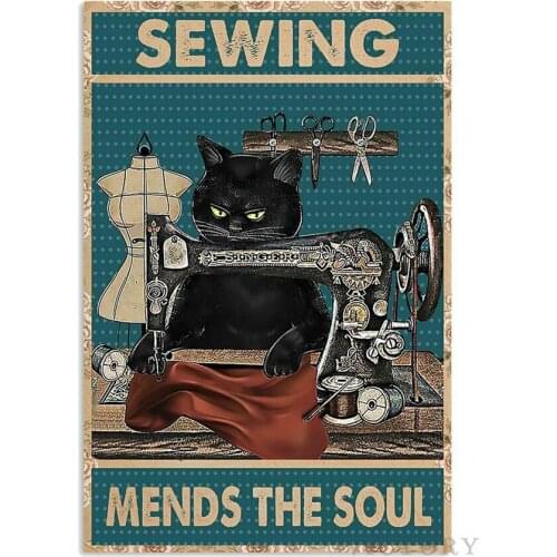 Cat Sewing Tin Sign Mends The Soul Retro Plaque Kitchen Restaurant Farm Bathroom Cave Farm Wall Decoration Iron Metal Plate
