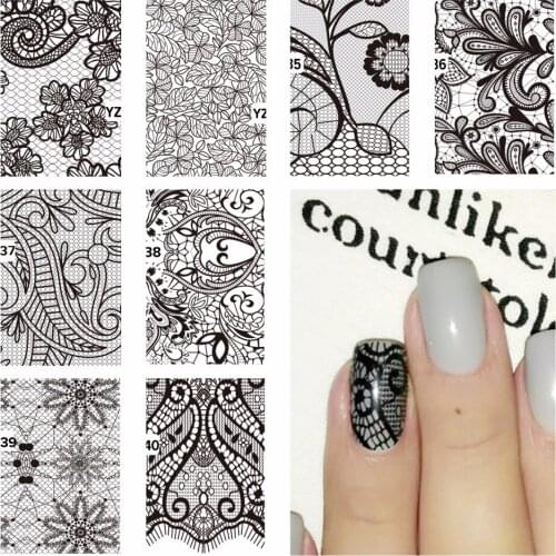 YZWLE 1 Pc Nail Art Water Decals Black Lace Flower Patterns Stickers Water Transfer Nail Art Tattoo