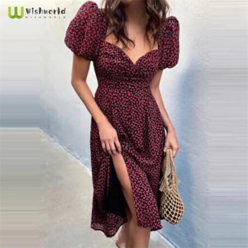 2021 Europe and the United States New Sexy Floral Wrapped Chest Casual Bubble Sleeve V-neck Dress Fashion Women Summer Sun Dress