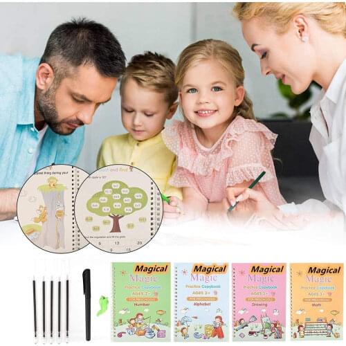4 Books + Pen Sank Reusable 3D Magic Exercise Book Children 0-10 Writing Stickers Calligraphy English Numbers Montessori Toys