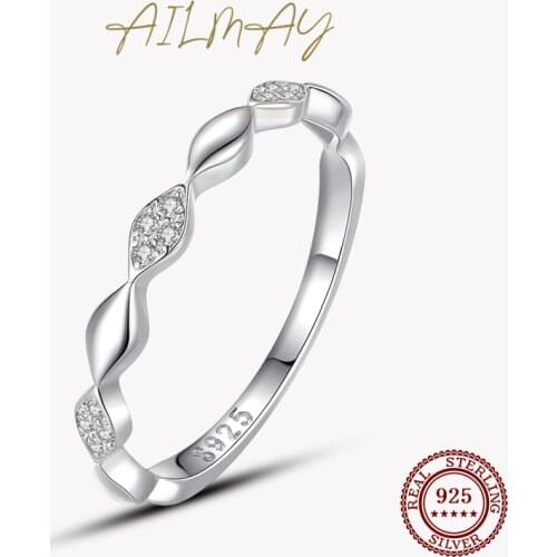 Ailmay Top Quality Real 925 Sterling Silver Geometric Design Stackable Simple Rings Clear Zircon Jewelry Gifts For Women