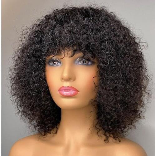 Brazilian Jerry Curly Human Hair Wigs with Bang Bob Curly Full Machine Made Fringe Wigs for Women Ombre Blonde Colored Wig
