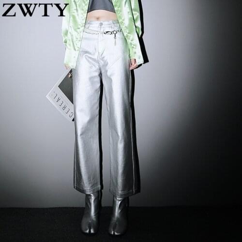 ZWTY High Waist Metal Color Denim Long Wide Leg Trousers New Loose Fit Pants Women Fashion Tide Spring Autumn New DJ689