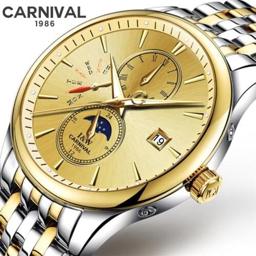 CARNIVAL Moon Phase Mens Mechanical Wristwatches Sapphire Automatic Watch Calendar Waterproof Luminous Military Watch Relogio