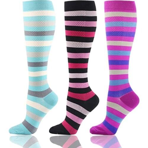Men Women Colorful Stripe Sports Compression Socks Fit For Running Antifigue Unisex Outdoor Cycling Long Pressure Stockings High