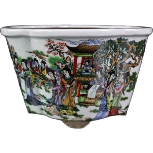 Chinese Old Porcelain Pastel Flower Pot With Pattern Of Twelve Golden Hairpin