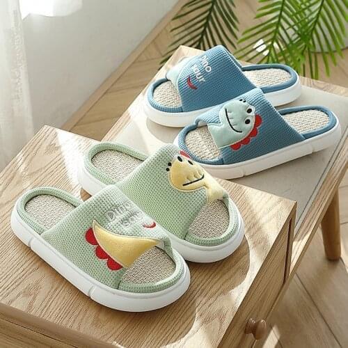 Spring Autumn Women Floor Flat Comfortable Linen Deodorant Slippers Lovely Cartoon Dinosaur Indoor Non-Slip Couples Home Slides