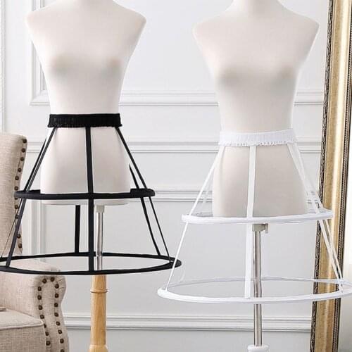 Women Girls Elastic Waistband Adjustable Pannier Petticoat White Black 2 Hoop Cage Skirt Wedding Bridal Crinoline Underskirt
