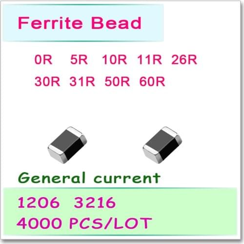 JASNPROSMA 1206/3216 100MHZ 4000PCS General current SMD Ferrite Bead 0R 5R 10R 11R 26R 30R 31R 50R 60R 25% SMD OHM High quality