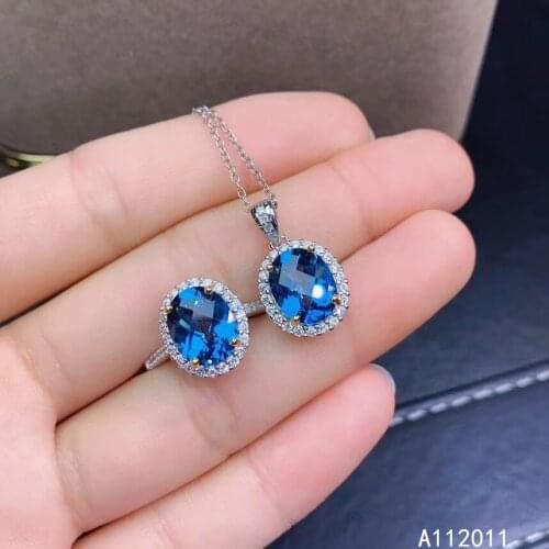KJJEAXCMY Fine Jewelry 925 sterling silver inlaid natural blue topaz trendy Womans new ring pendant set Support test