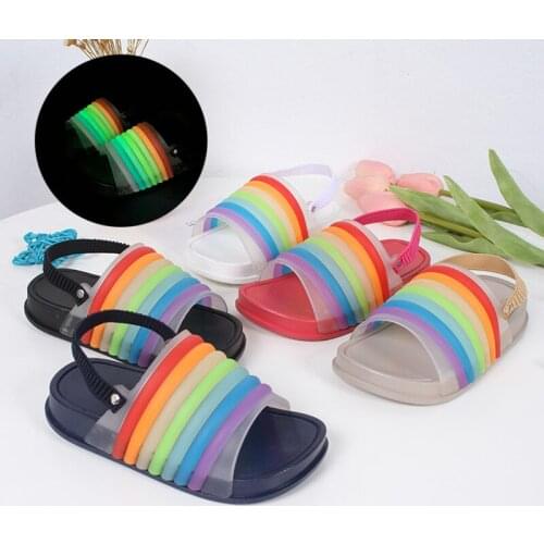Summer Kids Girls Boys Rainbow Color Stripe Sandals Children Open Toe Beach Non-slip Night Reflective Slippers Soft Bottom Shoes
