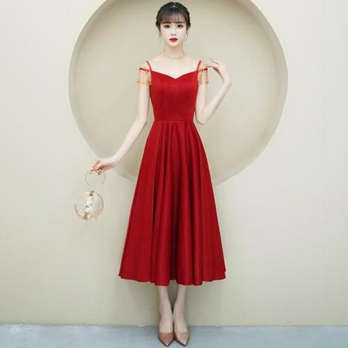 2021 Summer Hot Style-Wine Red Toast/Thank You Banquet/Engagement Skirt-Sexy Neckline-None Sleeve