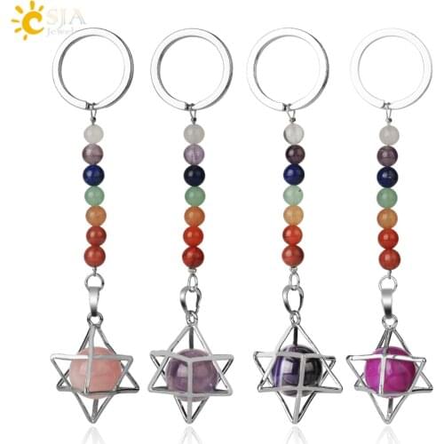 CSJA Natural Stones Fashion Keychain Chakra Key Chain Ring Merkaba Locket Pendant Keyring for Car Bags Accessories Jewelry G352