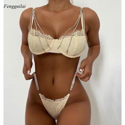 2021 Fashion Diamond Sexy Underwear Set Women Gather Lace Bra Three Piece Suit Sleep Wear