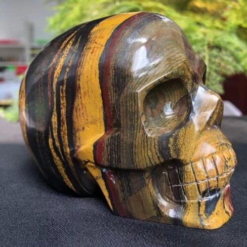 Natural Crystal, Hand Carved skull.A Combination Of Pyrite And The Tigers Eye Mineral Quartz.Feng Shui Energy Home Decoration