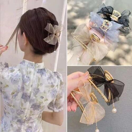 Ncmama New Korean Elegant Mesh Bow Hair Claws For Women Girls Hair Clip Large Grab Clips Shark Clip Crystal Hair Accessories