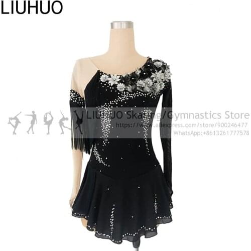 Ice Skating Dress Womens kids lace leotards Figure Skating Dress Competition black flowers Spandex Professional Skate Costumes