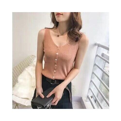 Casual Sling Knit Ves Sleeveless Silk Trendy Women Cardigan Button Tank Top
