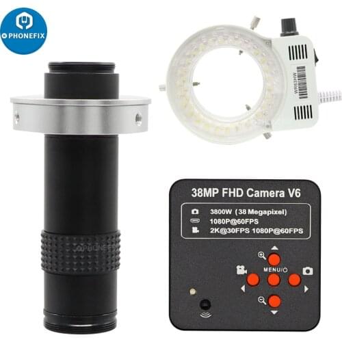 Industry Video Microscope Camera Full HD 38MP 2K 1080P 60FPS HD Camera +120XC-MOUNT + 56LED Light for PC PCB IC Observe Repair