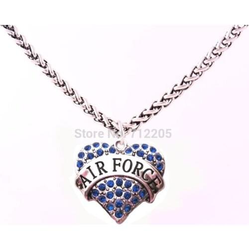 Rhodium plated Lobster Claw Wheat Link Chain with Large Clasp with crystal AIR FORCE heart necklace