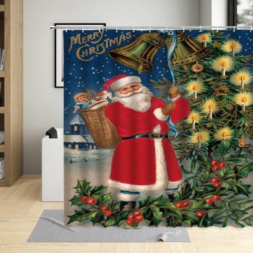 Christmas Shower Curtain Vintage Santa Claus Elk Pine Winter Scenery Pattern Bathroom Decor Polyester Cloth Hanging Curtain Sets