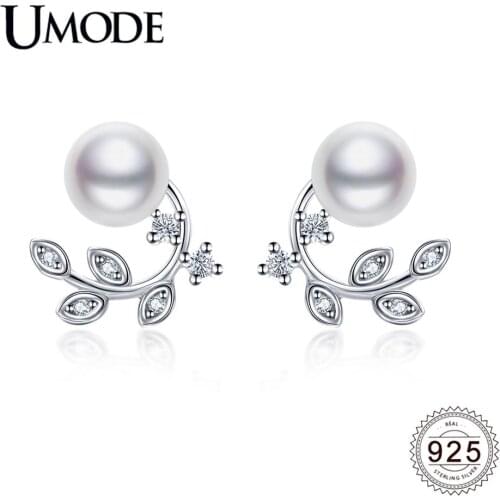 UMODE 2019 New 925 Sterling Silver White Pearl Leaf Stud Earrings for Women CZ Zircon Party Jewelry Gift Brincos Bijoux ALE0620