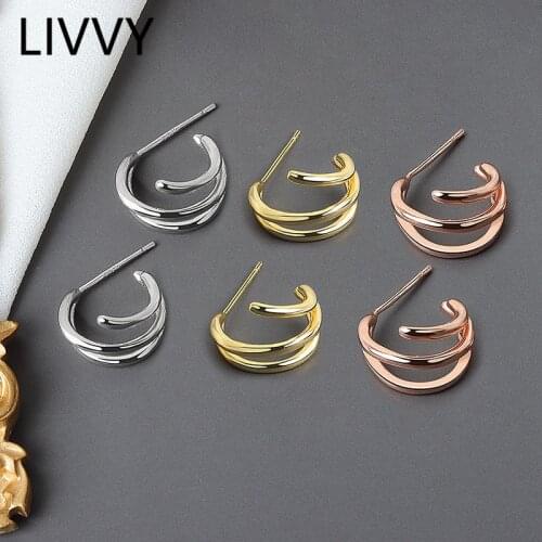 LIVVY Prevent Allergy Silver Color Trendy Earrings for Women Couples Korean Simple Multi-layer Lines Handmade Jewelry