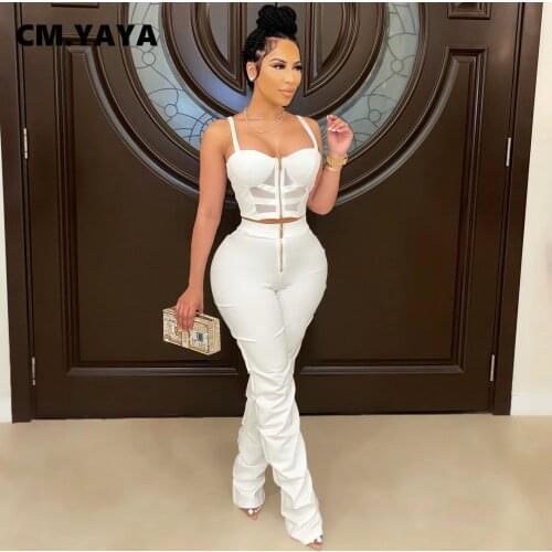 CM.YAYA Street Sexy Women Sweatsuti Outfits Mesh Patchwork Crop Tops and Stacked Ruched Pants Matching Two 2piece Set Tracksuit