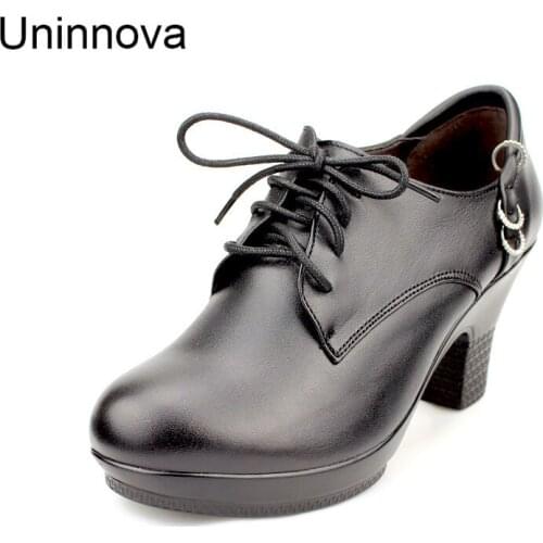Women platform High Heeled Pumps Round Toe Genuine Leather Crystal Ring Elegent Classic Lace up Court Shoes Uninnova WP125