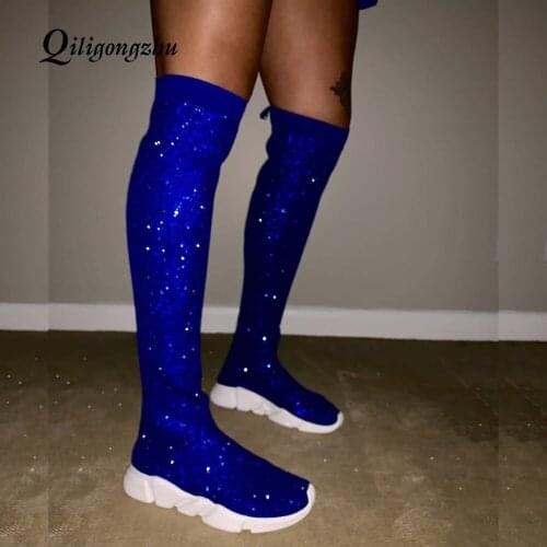 Crystals Knitting Sock Boots Sport Flat Black Handmade Fall Winter Small Crystals All Over Sock Sneakers Thigh High Botas