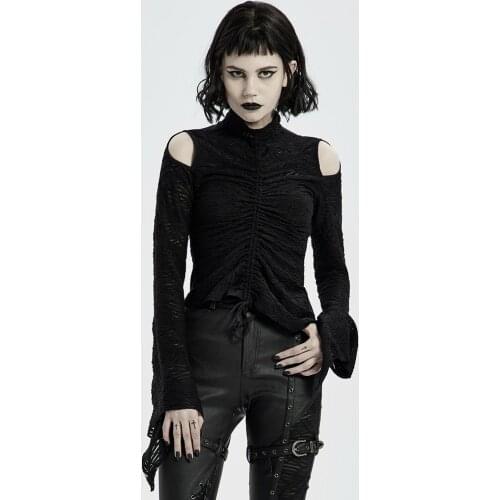 PUNKRAVE Women Gothic Off The Shoulder Drawstring Long Sleeve Tshirt High Collar Elastic Knitted Irregular Daily Casual Tees Top