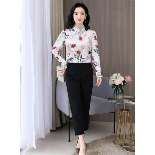 Silk shirt ladies 2021 spring new lotus leaf collar mulberry silk shirt thin print top