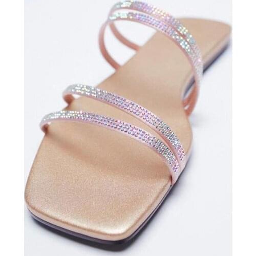 ZAR Women Flat Sandals Summer 2021 New Fashion Pink Square Toe Sexy Rhinestone Outer Wear Sandals And Slippers Women Beach Brand