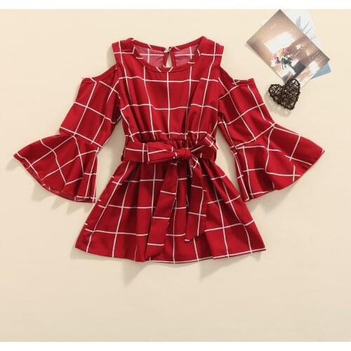 2-7Y Autumn Lovely Kid Girls Dress Off Shoulder Plaid Printed Ruffles Long Flare Sleeve Elastic A-Line Dress With Belt