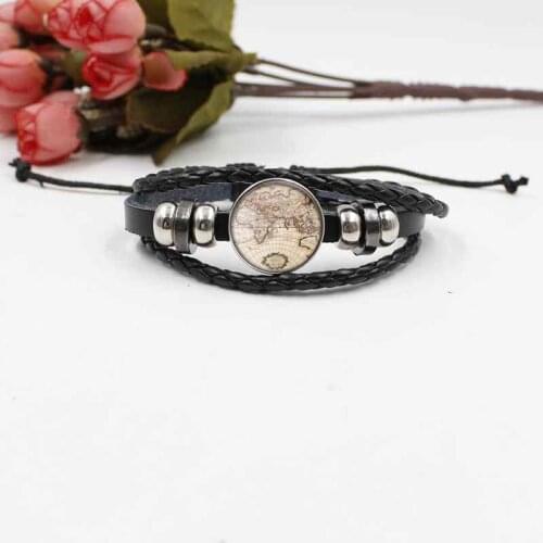 2019 Fashion Classic Map Crystal Glass Woven Leather Bracelet Vintage Art Gift