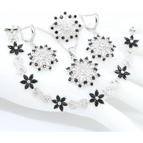 Black Zircon Bridal Sterling Silver Trendy Pendant Necklace Earring Bracelet and Ring Jewelry Sets for Women Fashion Gift